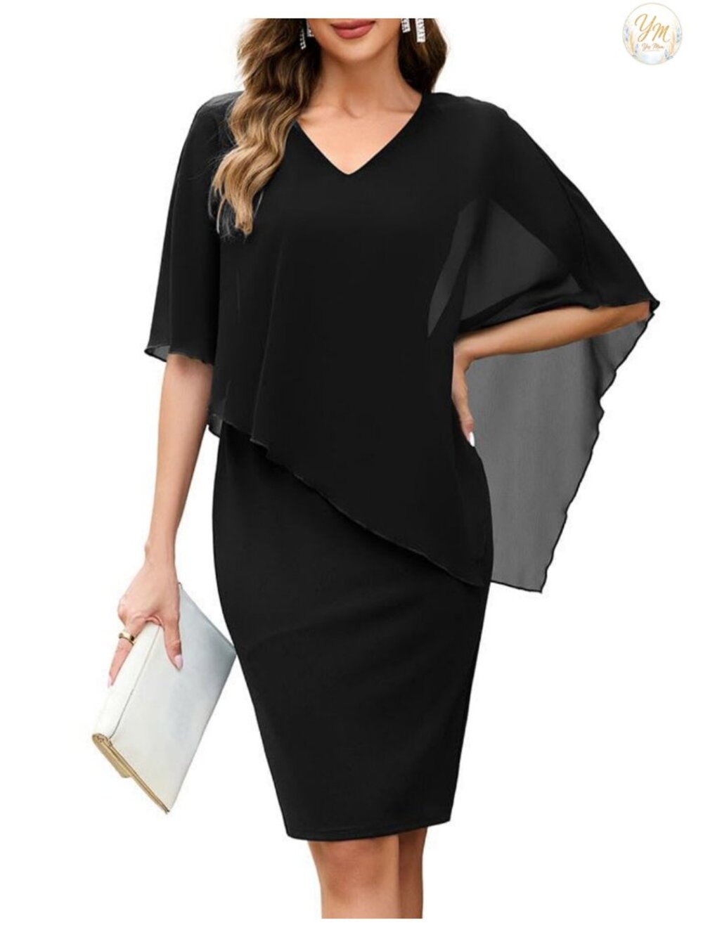 Women's Chiffon Cape Overlay V Neck Cocktail Midi Dress